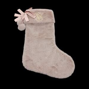 Victoria's Secret Faux Fur Christmas Stocking Pink Plush Bow Pom Pom VS Logo